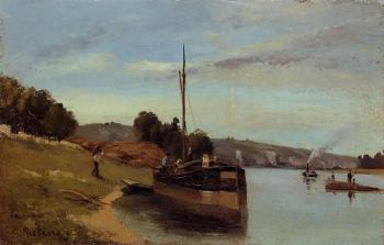 Camille Pissarro : Barges at Le Roche Goyon